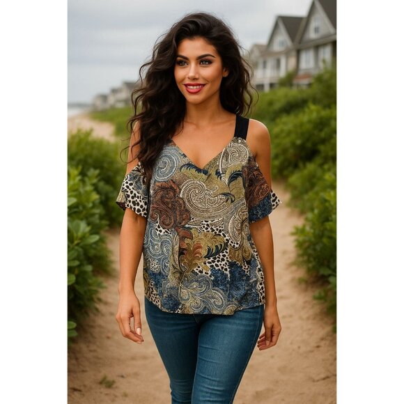 7Th Avenue Design Studio Large Cold Shoulder Tunic Top Paisley Animal Print Chic - Picture 1 of 13